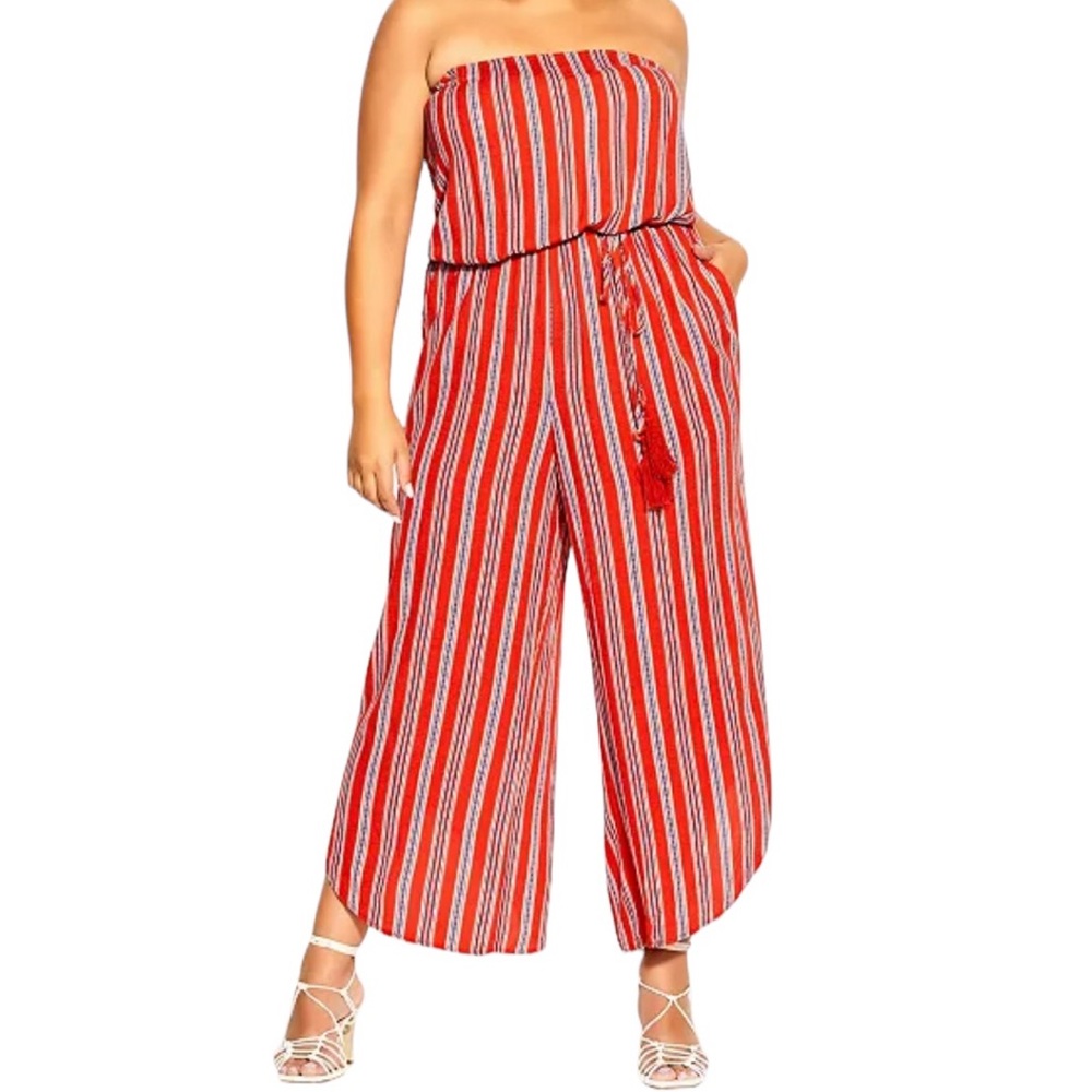City Chic Red Orange/Blue Summer Stripe Jumpsuit in Tigerlily Stripe 22